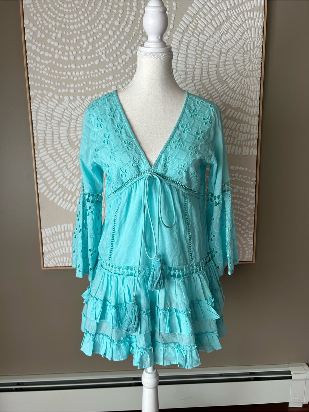 Debbie Katz South Beach Light Turquoise 100% Cotton Tiered Mini Dress Size S